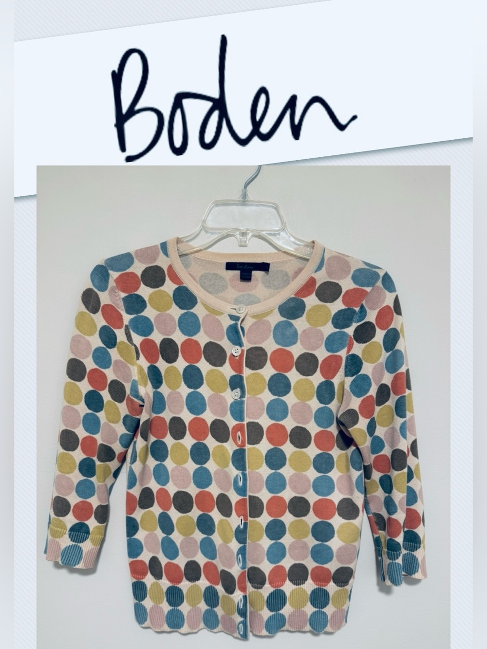 Boden retro funky preppy vintage aesthetic cream dot knit cotton cardigan